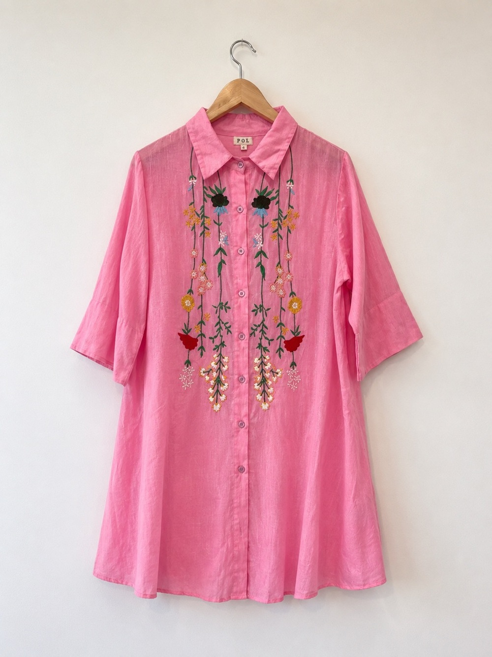 POL Facing the Sun Floral Embroidered Cotton Tunic Shirt Size Small